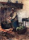 A Cottage Interior With A Peasant Woman Preparing Supper